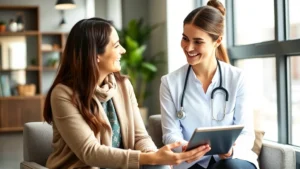 Professional woman in modern office conducting health consultation with client, both smiling, bright natural lighting, contemporary wellness center background, tablet with health data visible