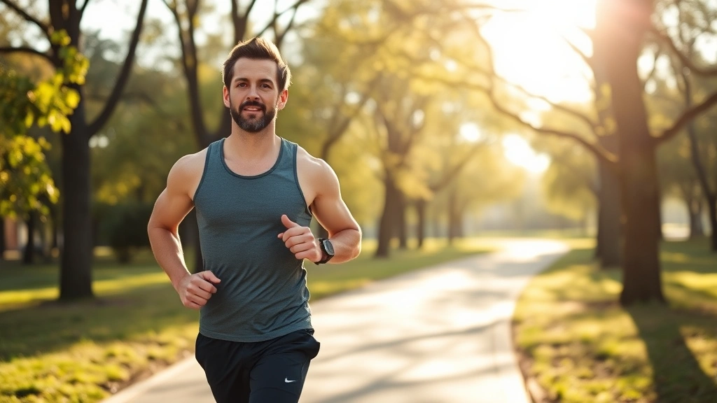 Fit middle-aged man jogging outdoors in morning sunlight through park, athletic build, confident expression, trees and natural landscape, health and vitality evident