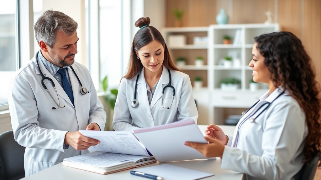 Diverse group of healthcare professionals in clinic setting - doctor, nutritionist, mental health counselor - collaborating over patient files, modern medical office, teamwork atmosphere