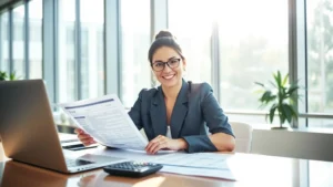 Professional woman reviewing financial statements and health insurance documents at modern desk, sunlight streaming through windows, confident expression, organized workspace with calculator and laptop