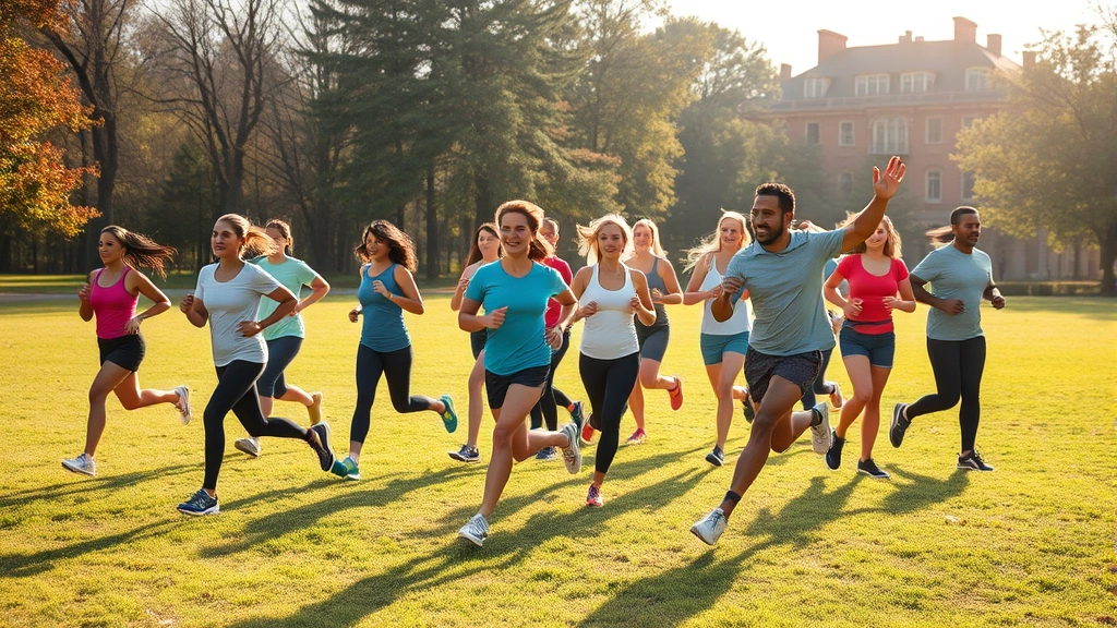 Diverse group of people exercising outdoors in park, jogging and stretching, energetic and healthy atmosphere, morning sunlight, wellness and vitality emphasized