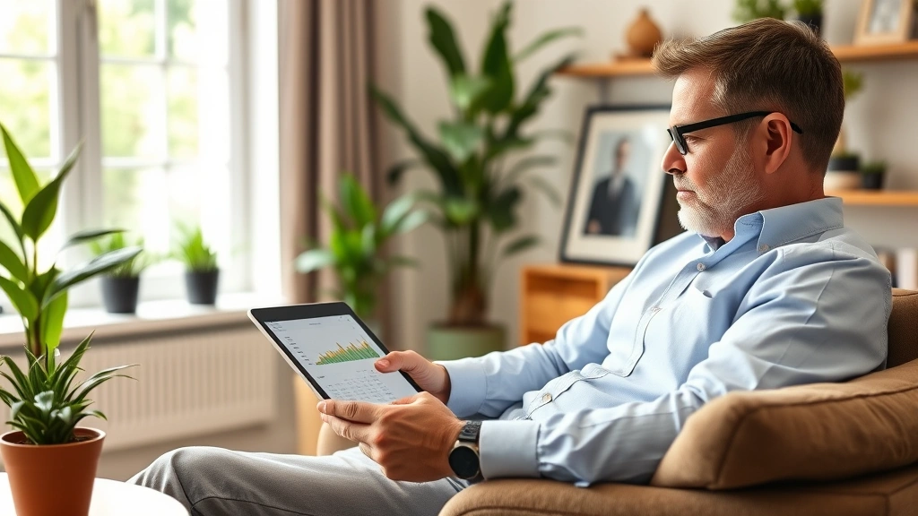 Affluent individual reviewing investment portfolio on tablet while relaxing in contemporary home office, plants and natural light, peaceful wealth management scene