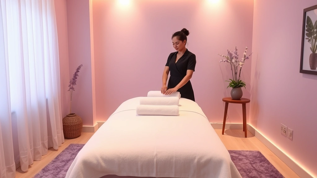 Serene spa treatment room with massage table, soft lighting, and calming lavender-toned atmosphere, professional massage therapist preparing wellness space with warm towels and aromatherapy diffuser