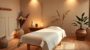 A serene spa treatment room with soft lighting, massage table with fresh white linens, and calming botanical elements creating a peaceful wellness environment for relaxation therapy