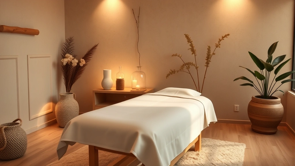 A serene spa treatment room with soft lighting, massage table with fresh white linens, and calming botanical elements creating a peaceful wellness environment for relaxation therapy