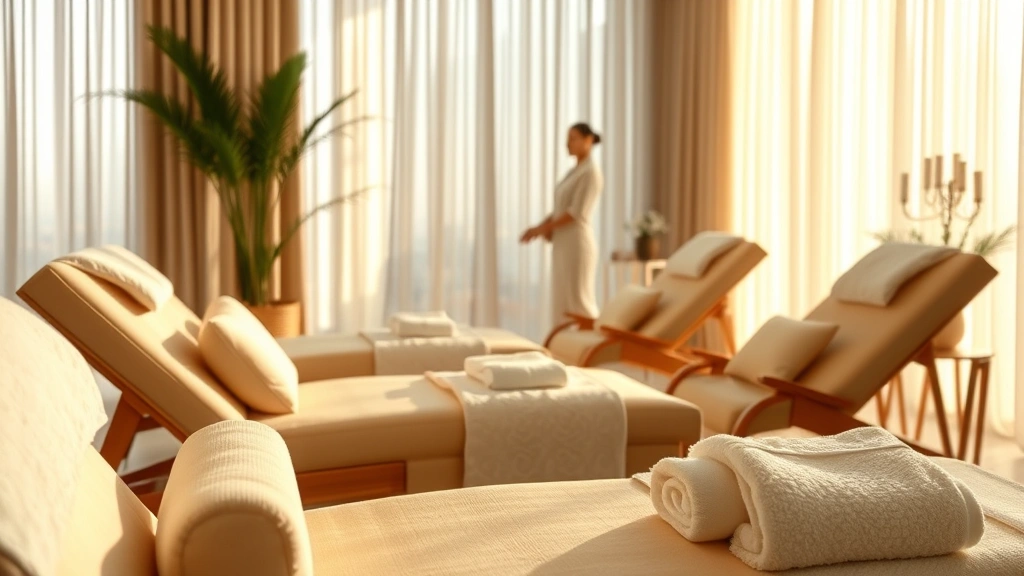 Luxury spa relaxation area featuring peaceful ambiance, comfortable seating, soft natural light filtering through curtains, wellness professional in background, premium towels and wellness products displayed