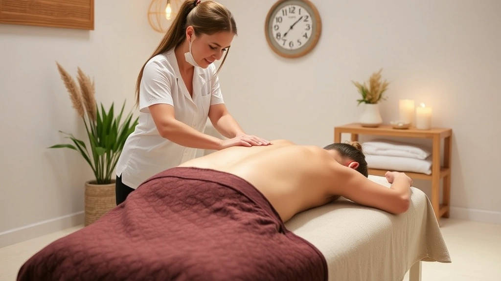 Professional massage therapist performing therapeutic treatment on client's back, demonstrating proper technique and expertise in a calm, clean spa setting with soothing ambiance