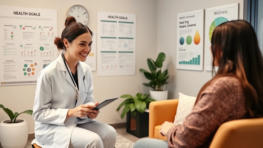 Professional wellness expert consulting with client about health goals, modern spa office setting with wellness charts and health information on walls, genuine caring consultation moment