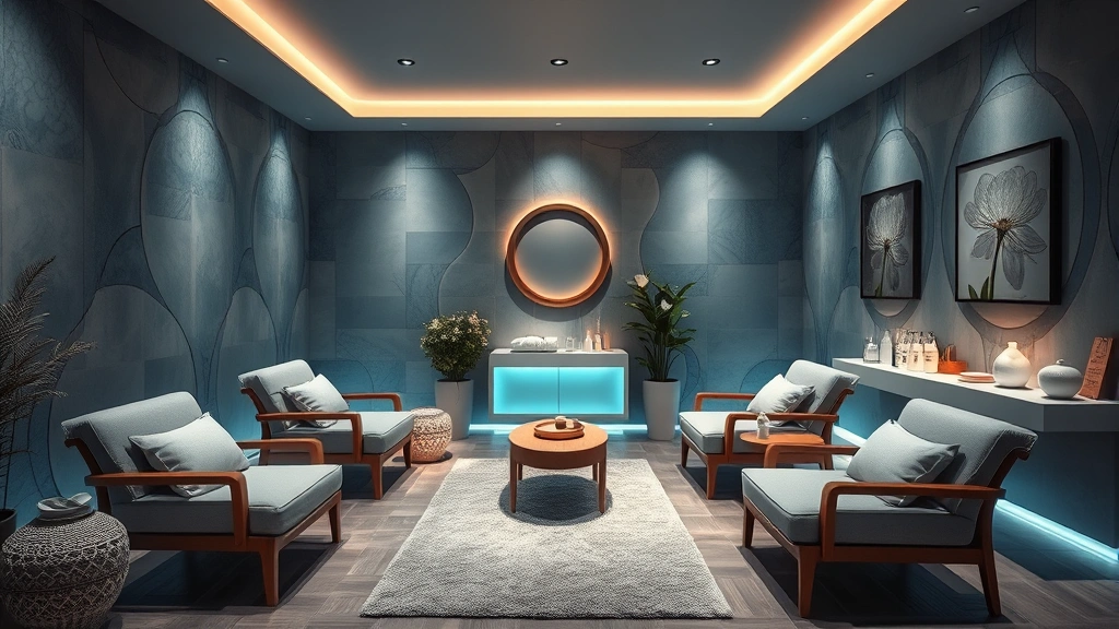 Spa relaxation area with comfortable seating, soft ambient lighting, and wellness-focused decor creating an inviting atmosphere for clients before or after treatments