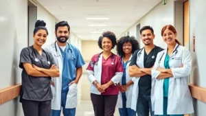 Professional diverse healthcare team collaborating in modern hospital corridor with natural lighting, wearing scrubs and white coats, confident and engaged expressions, clinical setting
