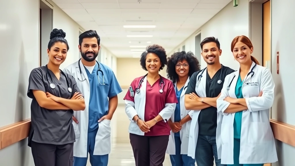 Professional diverse healthcare team collaborating in modern hospital corridor with natural lighting, wearing scrubs and white coats, confident and engaged expressions, clinical setting