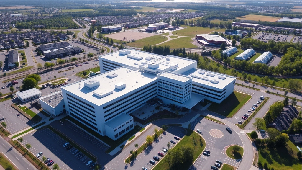 Aerial view of modern regional hospital complex with parking areas and surrounding community landscape, sunny day, professional architecture, full facility visible