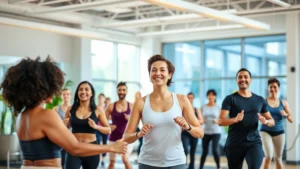 Professional diverse group of people exercising together in a modern community wellness center, smiling and energized, natural lighting, healthy atmosphere