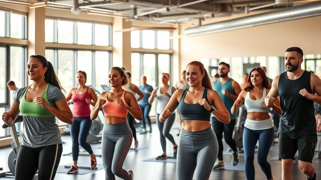 Professional diverse group of people exercising together in a modern community fitness center with natural light, healthy and energetic atmosphere, photorealistic