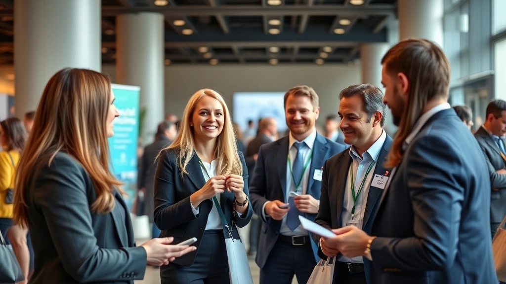 Successful business professionals networking at a health and wellness conference, exchanging business cards, modern venue, confident body language, natural lighting