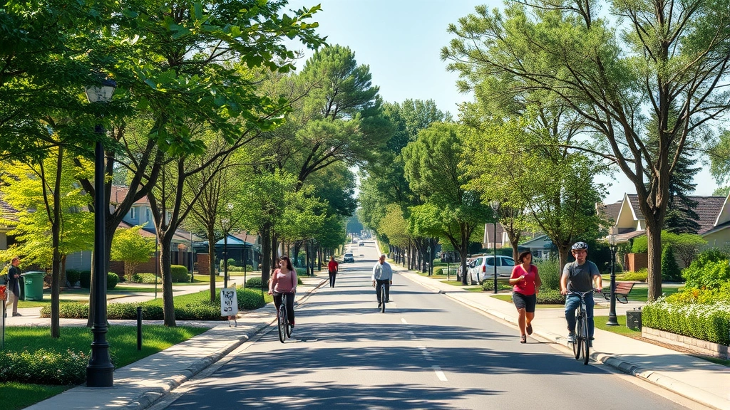 Thriving neighborhood street with well-maintained parks, green spaces, people walking and cycling, clean environment, community vitality visible, photorealistic daylight