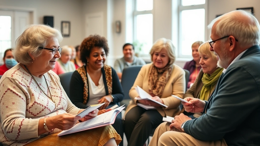 Multi-generational community members participating in a health education seminar, taking notes, engaged expressions, bright community room, collaborative energy