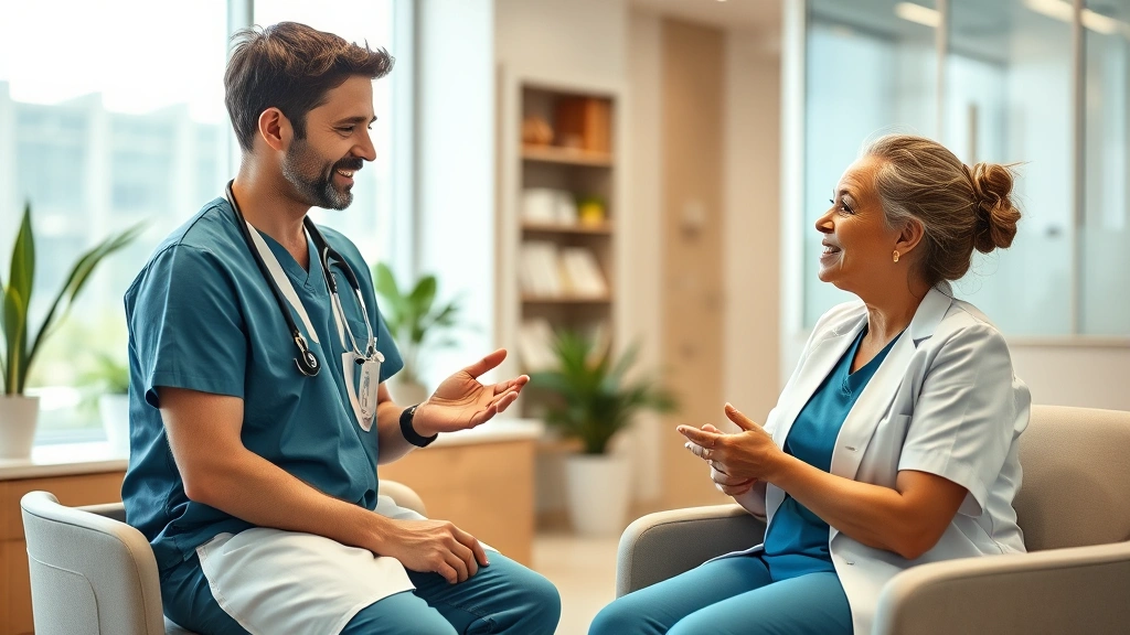 Healthcare professional conducting wellness consultation with patient in modern clinic, trust and care evident, professional medical environment, warm and welcoming photorealistic setting