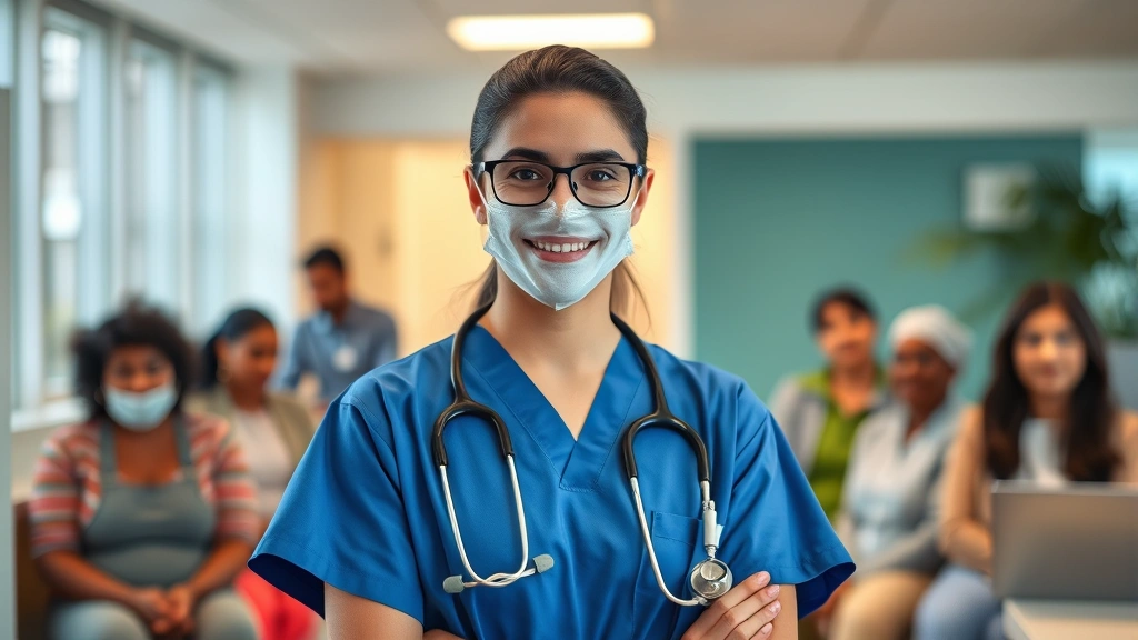 Professional healthcare worker in modern clinic setting with diverse patients in background, emphasizing accessible community healthcare environment, warm lighting, professional atmosphere, no medical equipment visible
