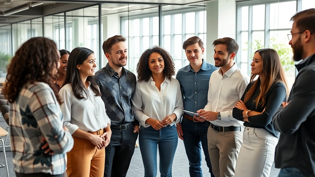 Diverse group of young professionals in casual business wear having discussion in contemporary office space with glass walls, collaborative atmosphere, natural daylight streaming through windows
