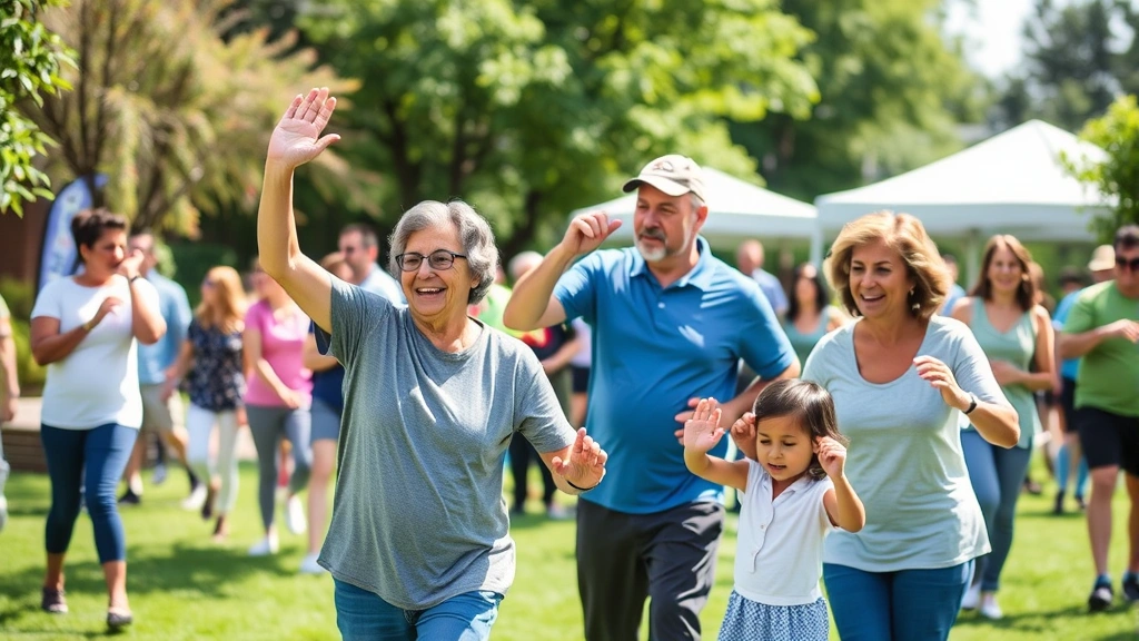 Multi-generational family at outdoor wellness event hosted by community health center, people exercising together, green space, healthy lifestyle demonstration, diverse community participation, bright daylight