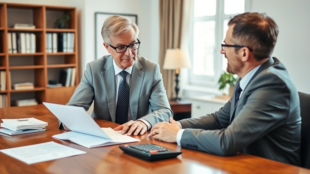 Mature financial advisor in suit reviewing investment portfolio with client at wooden desk, warm office environment, documents and calculator visible, trustworthy professional setting