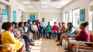 A diverse group of people in a bright, modern community health clinic waiting room with welcoming signage and comfortable seating, representing accessible healthcare and community wellness investment