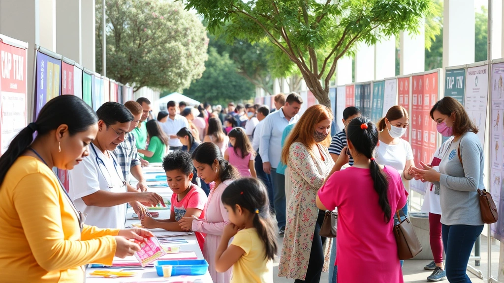 A vibrant community health fair or wellness event with multiple stations, families participating in health screenings and educational activities, demonstrating local healthcare engagement and prevention focus