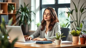 Professional woman sitting peacefully at desk with plants and natural light, looking calm and focused while working on laptop, warm office environment conveying mental clarity and emotional balance