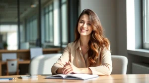 Professional woman sitting at desk with notebook, smiling peacefully, hands folded, natural lighting from window, calm office environment, representing mental clarity and emotional balance