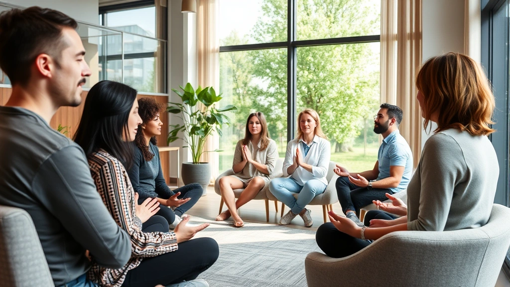 Diverse group of people in modern therapy or wellness space engaging in mindfulness activity, natural lighting, comfortable seating, conveying emotional support and mental wellness in professional setting