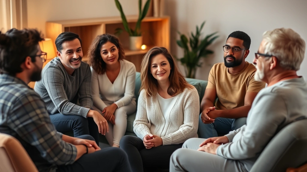 Diverse group of people in therapy circle, sitting comfortably, one person speaking while others listen supportively, warm lighting, genuine expressions of understanding and connection