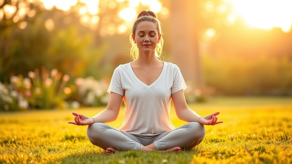 Woman meditating in peaceful garden setting at sunrise, sitting cross-legged on grass, serene expression, morning light, flowers blooming around her, representing mindfulness and emotional wellness