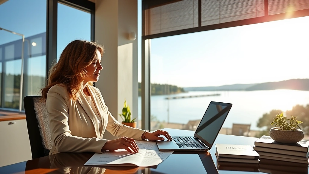 Prosperous professional woman reviewing investment portfolio at desk overlooking Lake Weiss waterfront landscape through office window, morning sunlight, financial documents and laptop visible