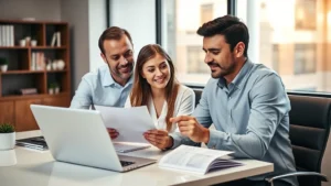 Professional investment advisor meeting with young couple at desk in modern office, reviewing financial documents and laptop, warm lighting, confident expressions, Alabama setting implied