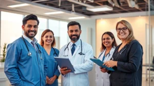 Professional healthcare setting with diverse medical team consulting in modern clinic, warm lighting, stethoscopes and medical equipment visible, confident and caring expressions
