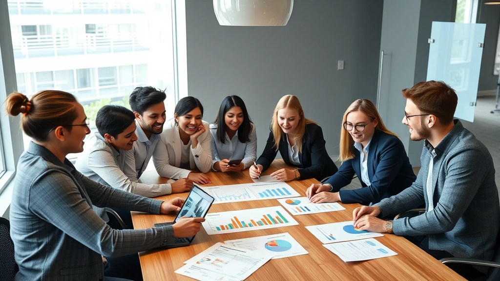 Diverse group of young professionals in business casual attire collaborating around conference table with growth charts and financial reports visible, energetic collaborative atmosphere