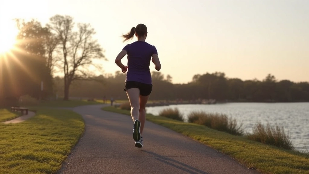 Person jogging along scenic lakeside path at sunrise, healthy lifestyle, athletic wear, natural landscape, trees and water visible, morning light, peaceful environment