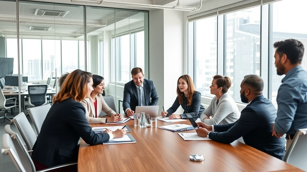 Diverse group of people in professional meeting discussing investment strategy around conference table, collaborative atmosphere, modern corporate space, natural window lighting