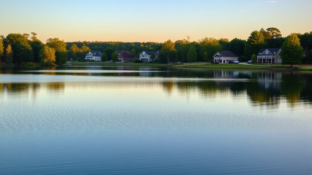 Peaceful lakeside landscape at Pell City with calm water, green trees, and residential homes in background, golden hour lighting, serene and prosperous community feeling
