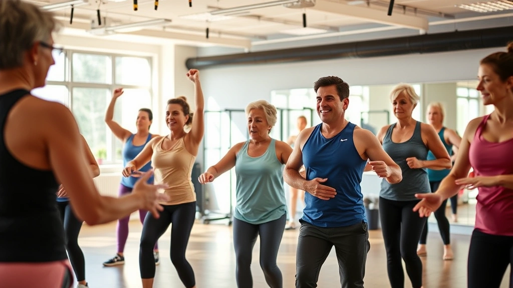 Active adults in bright fitness studio during group exercise class, diverse ages and abilities, equipment visible in background, energetic and supportive atmosphere