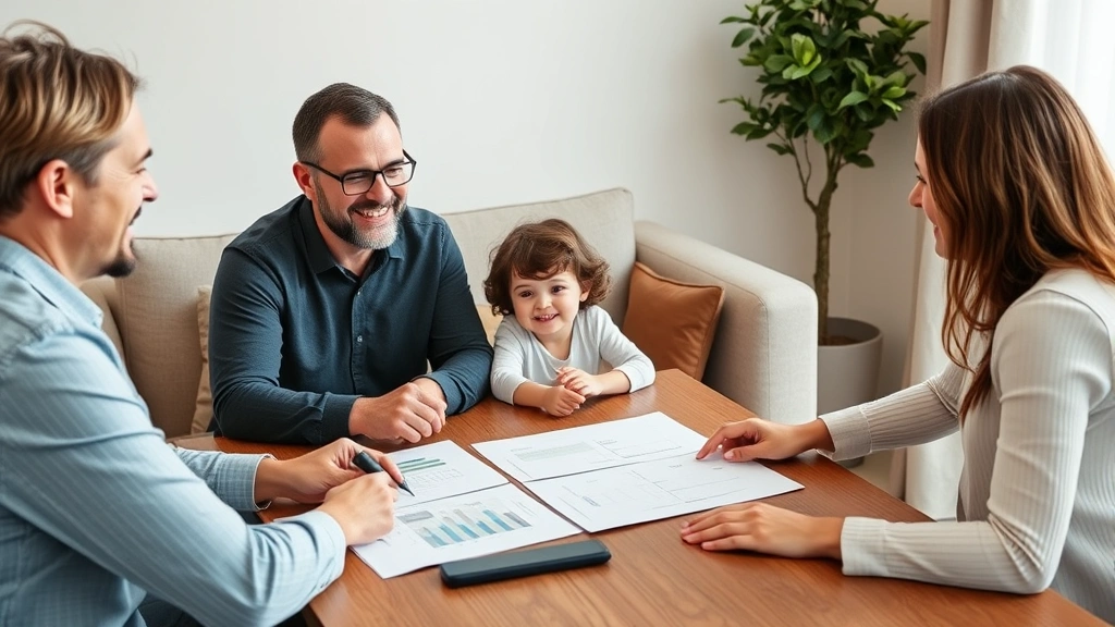 Family reviewing financial plan with advisor in comfortable meeting room, smiling expressions, charts and documents on table, warm professional atmosphere, diverse representation