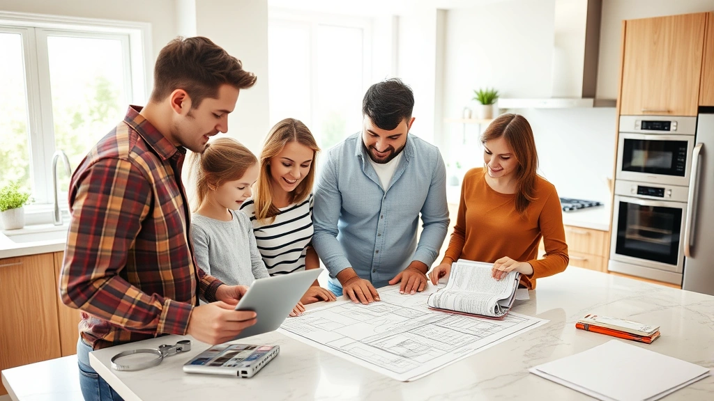 Family reviewing home renovation plans in modern kitchen with tablet and blueprints spread on counter, collaborative discussion, natural light from windows, contemporary interior design