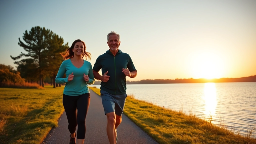 Healthy middle-aged couple jogging together along scenic lake path at sunrise, athletic wear, smiling, representing wellness and active lifestyle supporting financial success