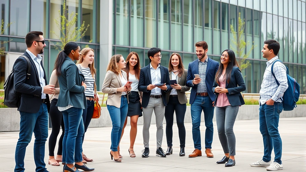 Diverse group of young professionals in casual business clothing networking outdoors near a modern building, smiling and engaged, representing career growth and community connection