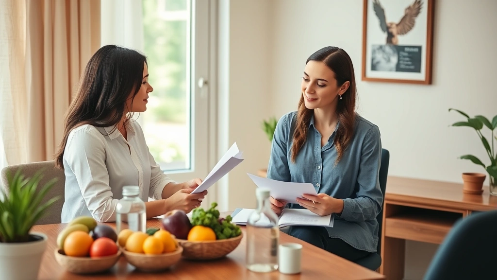 Nutritionist or wellness counselor meeting with client in peaceful office, reviewing health documents, fresh produce and water visible on desk, warm professional environment
