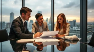 Professional financial advisor meeting with young couple reviewing investment portfolio and wealth planning documents on modern glass desk with city skyline in background