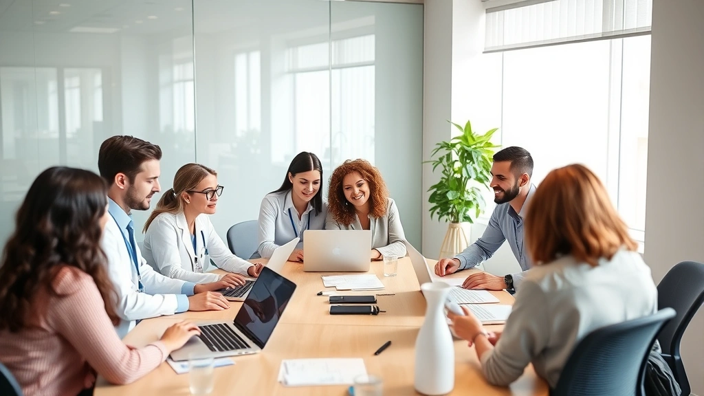 Diverse team of healthcare professionals in meeting room, collaborating around table with laptops and documents, discussing strategy and professional growth, bright contemporary workspace