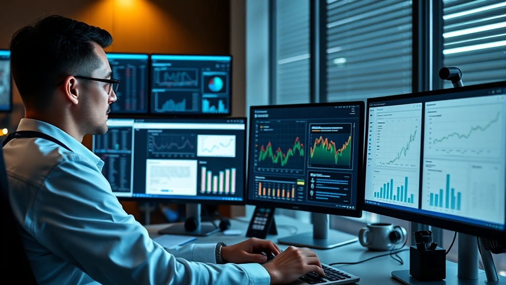 Healthcare consultant working at desk with multiple monitors showing email management and analytics, organized professional environment with financial charts visible, focused on digital wealth building