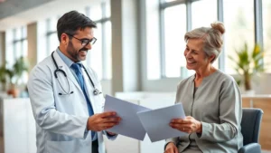 Professional healthcare consultation between a doctor and patient reviewing health records in a modern clinic, both smiling, natural lighting from windows, warm professional environment, no text visible